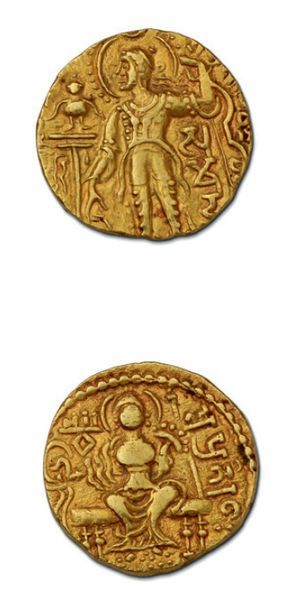 null LES GUPTAS: Samudragupta (335-380 av. J.-C.) Statère d'or. 7,47 g.
Le roi en...
