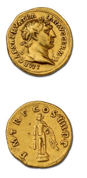 null TRAJAN (98-117) Auréus. Rome. 7,08 g.
Son buste lauré à droite.
R/ Statue d'Hercule...