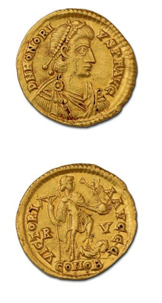 null HONORIUS (393-423) Solidus. Ravenne. 4,34 g.
Son buste diadémé, drapé et cuirassé...
