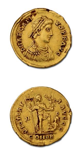 null ARCADIUS (383-408) Solidus. Milan. 4,45 g.
Son buste diadémé, drapé et cuirassé...