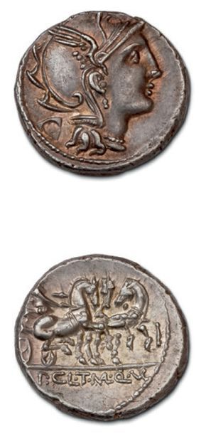 null CLAUDIA (111-110 av. J.-C.) Denier.
Tête de Rome casquée à droite.
R./. Victoire...