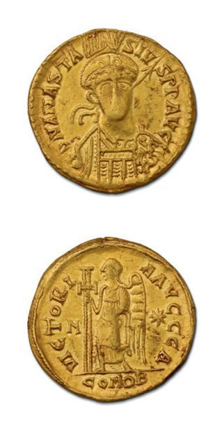 null THÉODORIC (493-526) Solidus au nom d'Anastase. Bologne (?). 4,37 g.
Buste de...