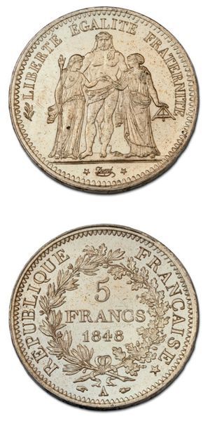 null 5 francs. 1838. Rouen.
Joint 5 francs Hercule 1848 Paris (Deuxième République).
G....