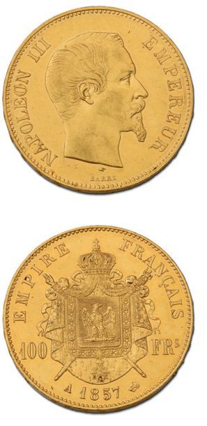 null SECOND EMPIRE 100 francs or, tête nue. 1857. Paris.
G. 1135. TTB à superbe.
