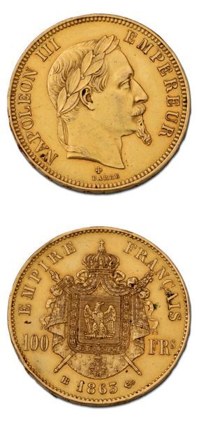 null 100 francs or, tête laurée. 1863. Strasbourg.
G. 1136. TTB à superbe.