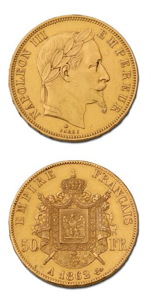 null 50 francs or, tête laurée. 1862. Paris.
G. 1112. TTB à superbe.