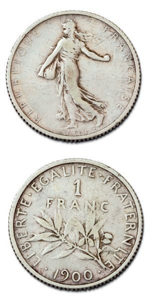 null 1 franc, type Semeuse. 1900. 50 centimes. 1897.
G. 467 et 420. Les 2 monnaies....