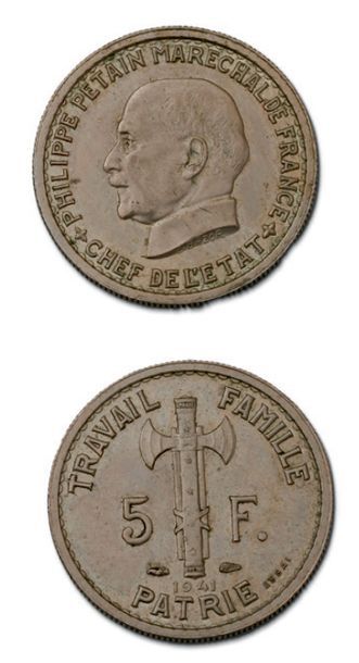 null ÉTAT FRANÇAIS (1940-1944) 5 francs Maréchal Pétain. 1941. Essai.
G. 764. Su...