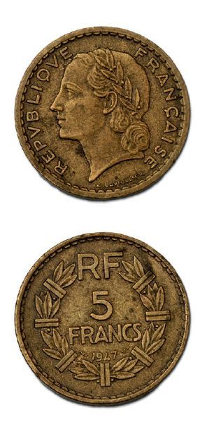 null 5 francs Lavrillier (cupro-alu). 1947.
Joint 50 centimes Morlon (cupro-alu),...