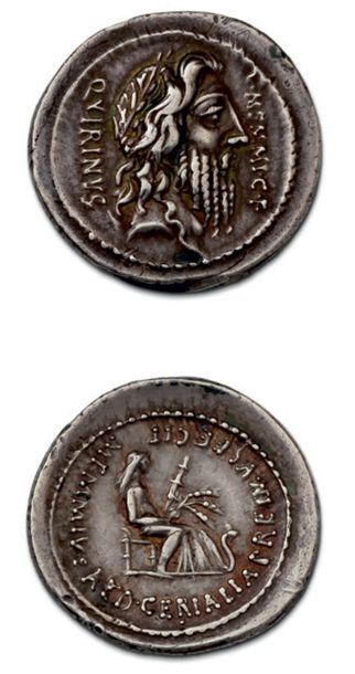 null MEMMIA (56 av. J.-C.) Denier.
Tête de Quirinus (Romulus) à droite.
R/ Cérès...