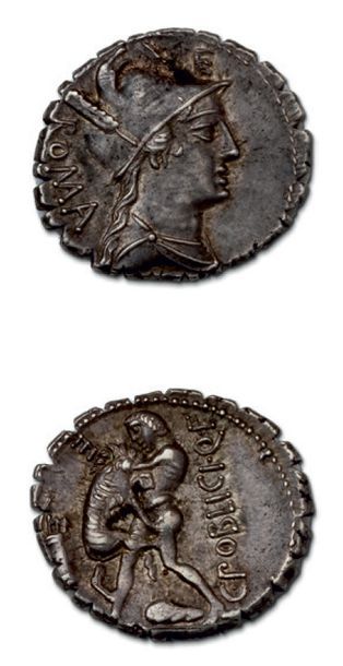 null POBLICIA (80 av. J.-C.) Denier.
Tête casquée de Rome à droite.
R/ Hercule étouffant...