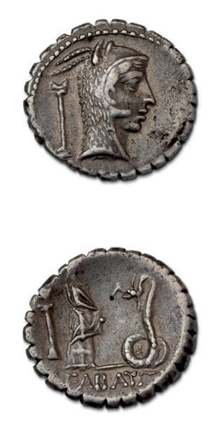 null ROSCIA (64 av. J.-C.) Denier.
Tête de Junon Sospita à droite.
R/ Vierge nourrissant...