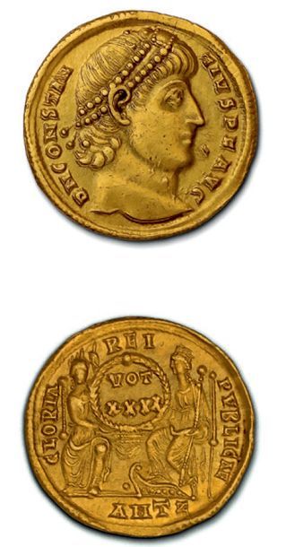 null Solidus. 4,48 g. Antioche off. Z (360-361).
Sa tête diadémée à droite.
R/ Rome...