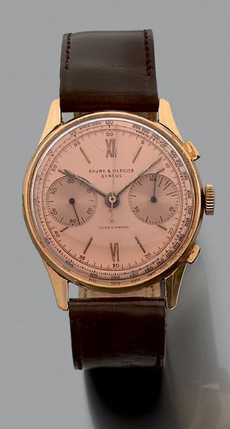 BAUME & MERCIER Chronographe bracelet en or 18k (750 millièmes). Boîtier rond, fond...