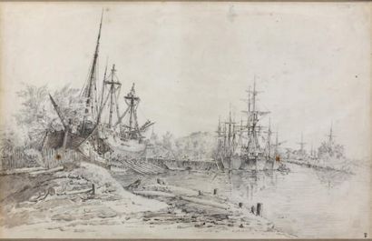 ÉCOLE FRANÇAISE, vers 1770 Bateaux, port de Rochefort Pierre noire et lavis. 29 x...