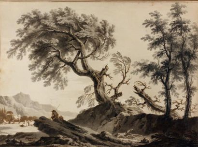 Pietro Giacomo PALMIERI (1737-1804) Paysage avec bergers et troupeau Plume, encre...