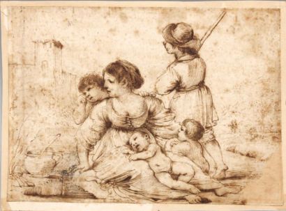 Atelier de GUERCHIN (1591-1666) Jeune femme entourée d'enfants Dessin à la plume....