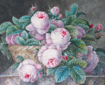 ÉCOLE FRANÇAISE du XIXe siècle Bouquet de roses dans une corbeille Aquarelle. 31...