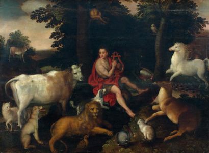 ÉCOLE FLAMANDE du XVIIe siècle Orphée charmant les animaux, d'après Savery Huile...