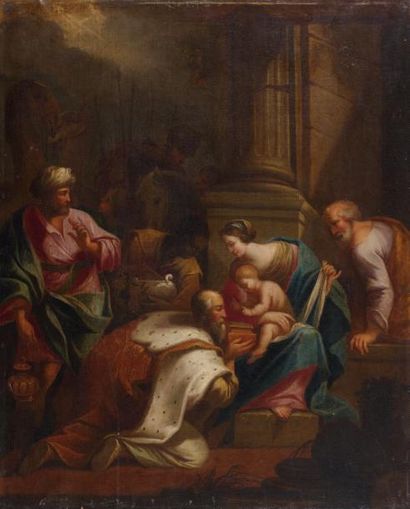 ÉCOLE FRANÇAISE du XVIIe siècle L'Adoration des Mages Huile sur toile, rentoilée....