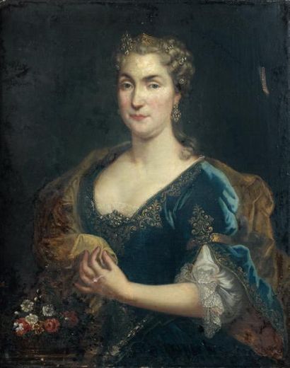 ÉCOLE FRANÇAISE du début du XVIIIe siècle Portrait de femme à la corbeille de fleurs...