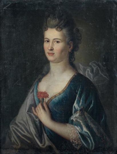 ÉCOLE FRANÇAISE du XVIIIe siècle Portrait de femme tenant un oeillet Huile sur toile...