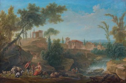 Nicolas Jacques JULLIARD (Paris, 1715-1790) Paysage aux bergers et à l'architecture...