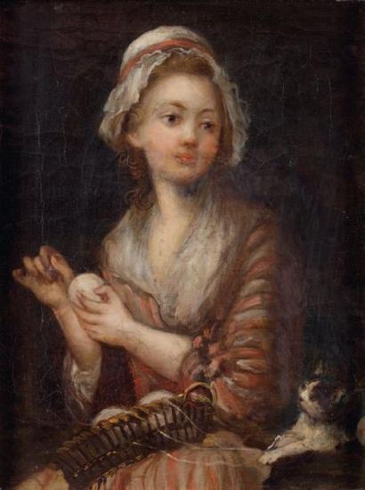 ÉCOLE FRANÇAISE du début du XIXe siècle Jeune fileuse avec un chat Huile sur toile....