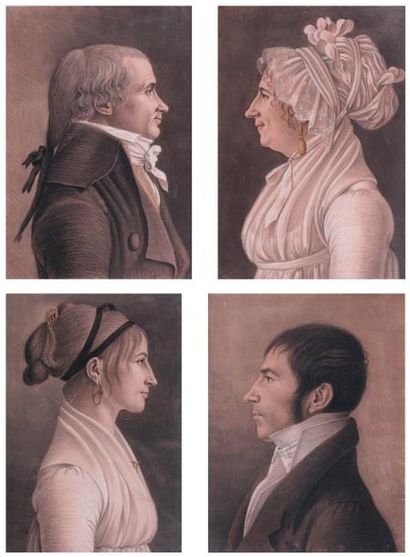 ÉCOLE FRANÇAISE, vers 1800 Suite de quatre portraits Pierre noire, craie blanche,...