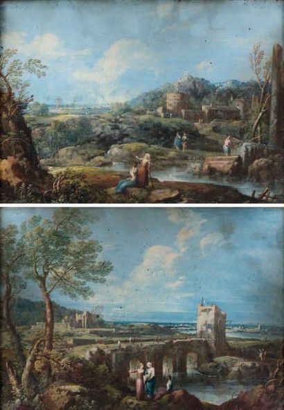 ÉCOLE ITALIENNE du XVIIIe siècle Paysages animés Deux gouaches sur papier collé sur...
