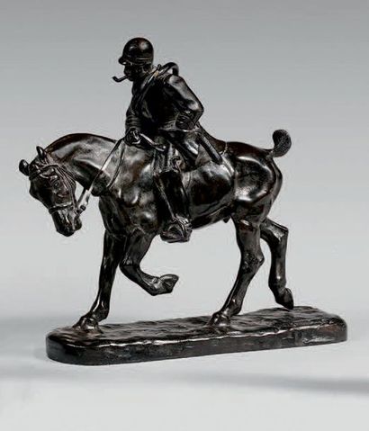D'après Gaston D'ILLIERS Horseback rider Bronze
statuette with black patina.
Base...