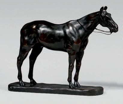 D'après Gaston D'ILLIERS Two bronze horse statues with black patina, signed, one...