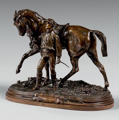 D'APRÈS PIERRE JULES MÈNE Winner
Large statuette of a horse held by its jockey in...