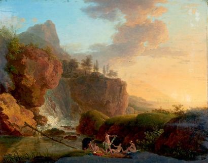 École FRANÇAISE de la fin du XVIIIe siècle Women bathing in a mountainous
landscape...