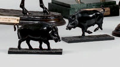 null Two small bronze statuettes of wild boar with black patina.
Signed C. Conrad.
Length:...
