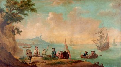 École FRANÇAISE du XVIIIe siècle Bord de mer animé
Huile sur toile marouflée sur...