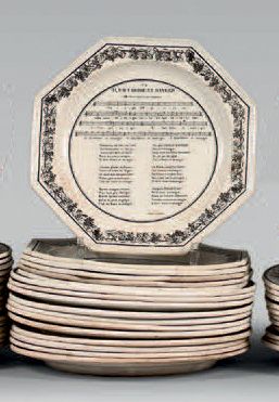 Montereau et Creil Seventeen round plates with cut sides decorated in grey monochrome...