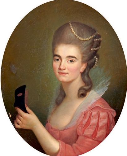 Ecole française dans le goût du XVIIIe siècle Young woman holding a mask
Oil on canvas...