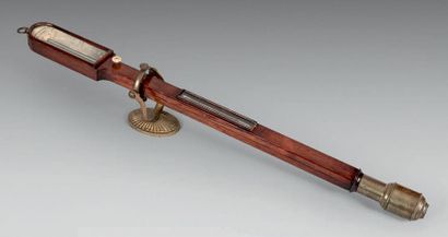null Mercury barometer and thermometer on a mahogany support mounted on a bronze...