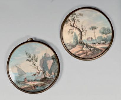 null Pair of medallions decorated with animated landscapes in gouache.
Early 19th...