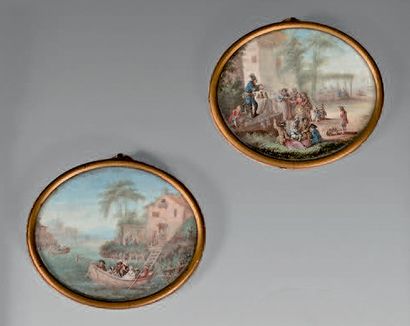 null Pair of gouache oval medallions of a country theatre scene and a canoeing scene.
Late...