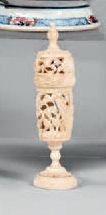 null Small covered miniature vase made of bone turned openwork with a harp player...
