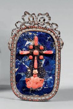 null Small alcove stoup made of coral, hard stones and silver filigree on a lapis...