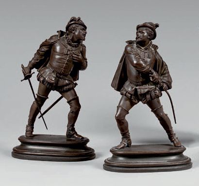 Emile GUILLEMIN (1841-1907) Mousquetaires duellistes
Deux statuettes en bronze patiné.
Bases...