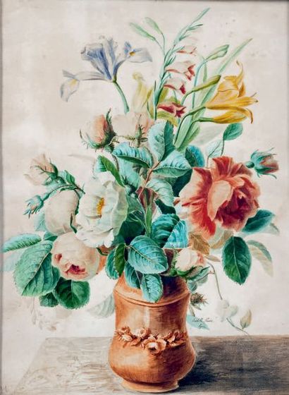 ISABELLE PUVIS Fleurs dans un vase
Aquarelle signée à droite.
43 x 32 cm

Collection...