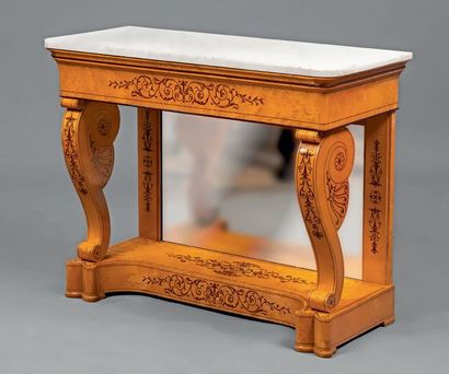 null Console in speckled maple veneer with rich decoration inlaid with amaranth scrolls....