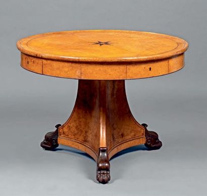 null Library pedestal table in ash veneer inlaid with amaranth with a star inlaid...