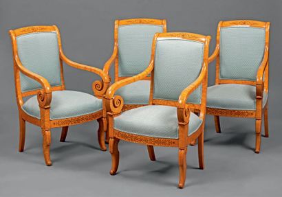 null A suite of four upside-down armchairs in speckled maple inlaid with rosewood...