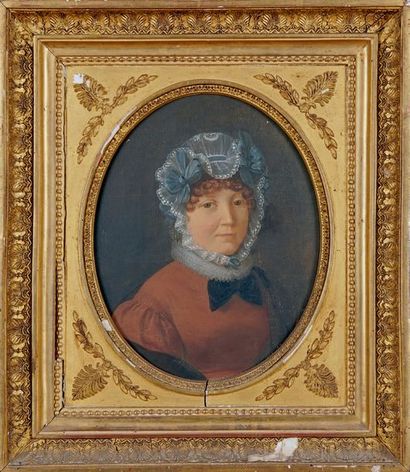 Ecole française du XIXe siècle, vers 1810 Portrait de femme à la coiffe de dentelle
Huile...