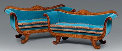 null Pair of flat-back sofas in rosewood veneer inlaid with palmettes, lyres, foliage...